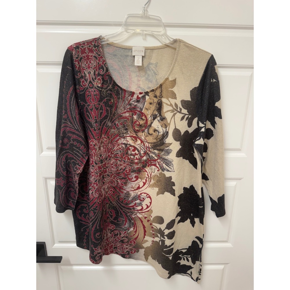 Chicos Metallic Floral Scroll Asymmetric Tunic Top Red Gold Black Size 2 L